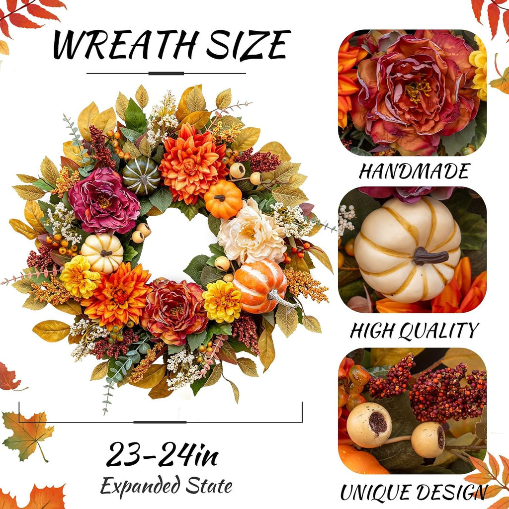 Fall Wreaths for Front Door Outside 24 Inch,Rustic Harvest Autumn Wreath