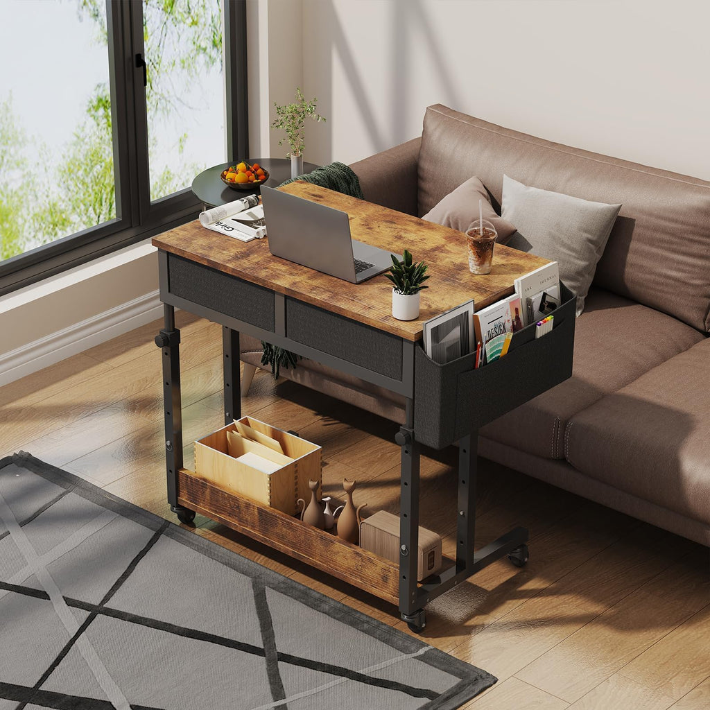 Small Portable Standing Rolling Desk - 32 Inch Adjustable Mobile Stand Up Teacher Desks with 2 Fabric Drawers on