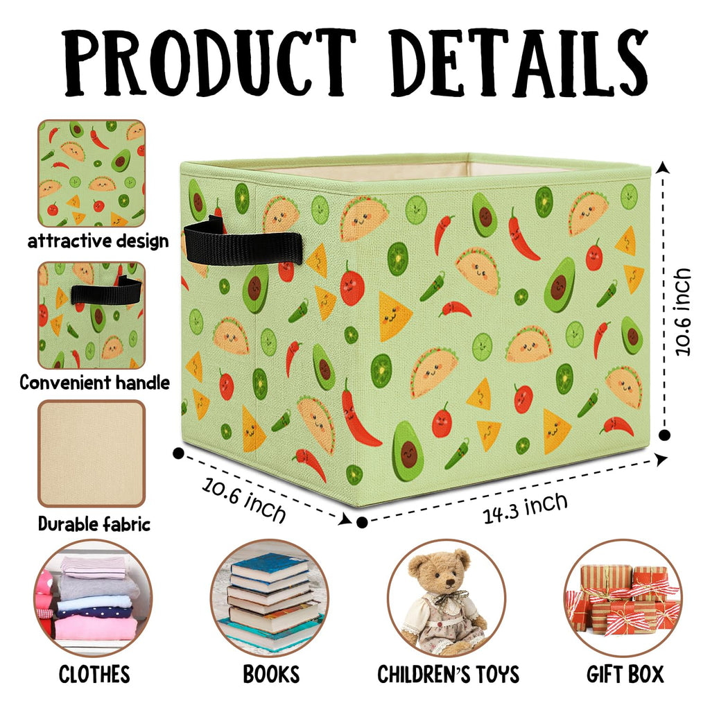 Green Mexican Taco Avocado Storage Bins Box with Handles, Chili Nacho Mexican Food Laundry Basket Hamper Collapsible