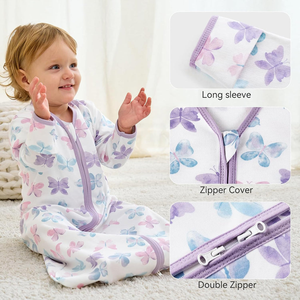 Sleep Sack, Long Sleeve Baby Wearable Blanket 0.5 Tog with Mittens, Way Zipper Toddler Cotton Sleeping