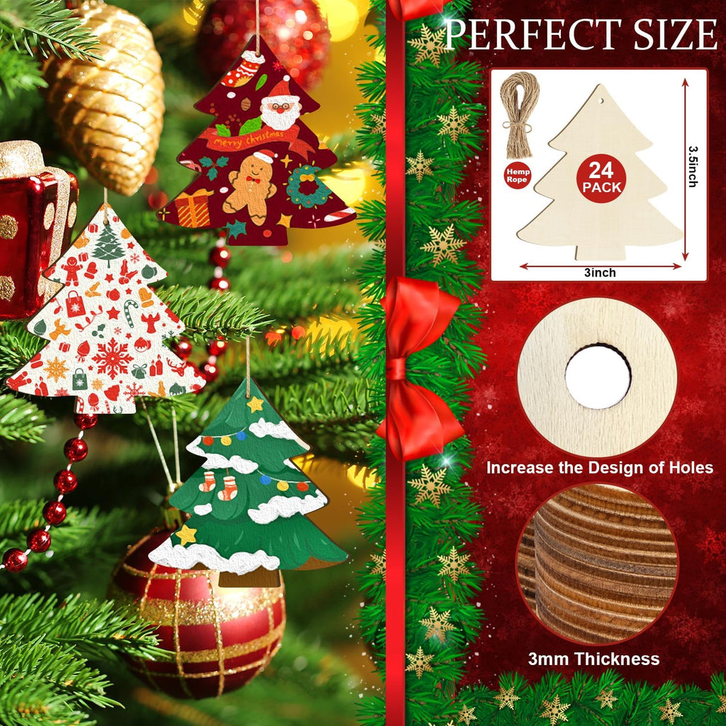Wooden Christmas Tree Ornaments to Paint Christmas Thanksgiving Decoration Cutouts Unfinished 3.5 x 3 inches - Set of 24