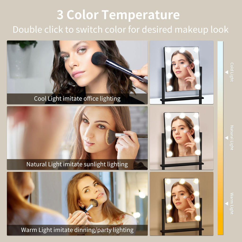 Vanity Mirror with Lights,Makeup Mirror with Lights with 9 Dimmable LED Bulbs, 3 Color Lighting Modes Detachable 10X
