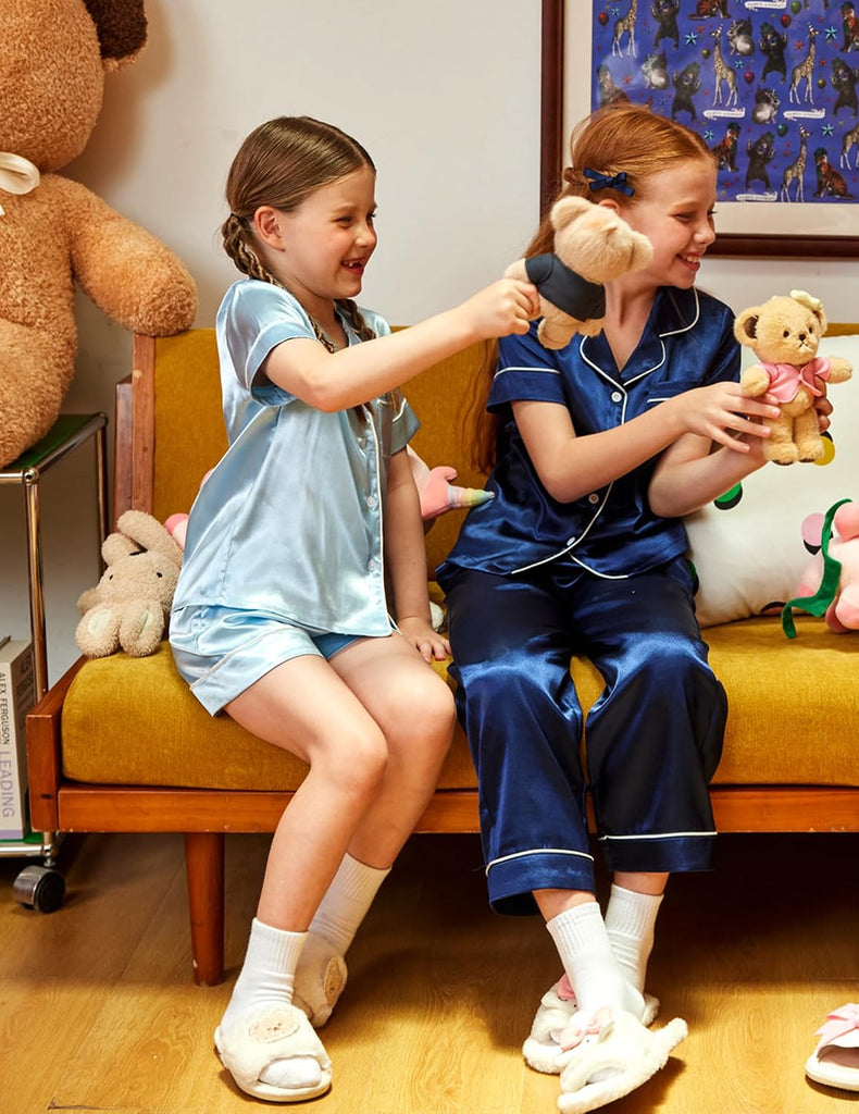 Girls Pajamas Silky Pajama Sleepwear Button Down Kids Pj Sets