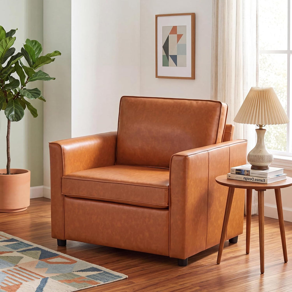 39" Faux Leather Armchair Large Sofa Chair, Caramel