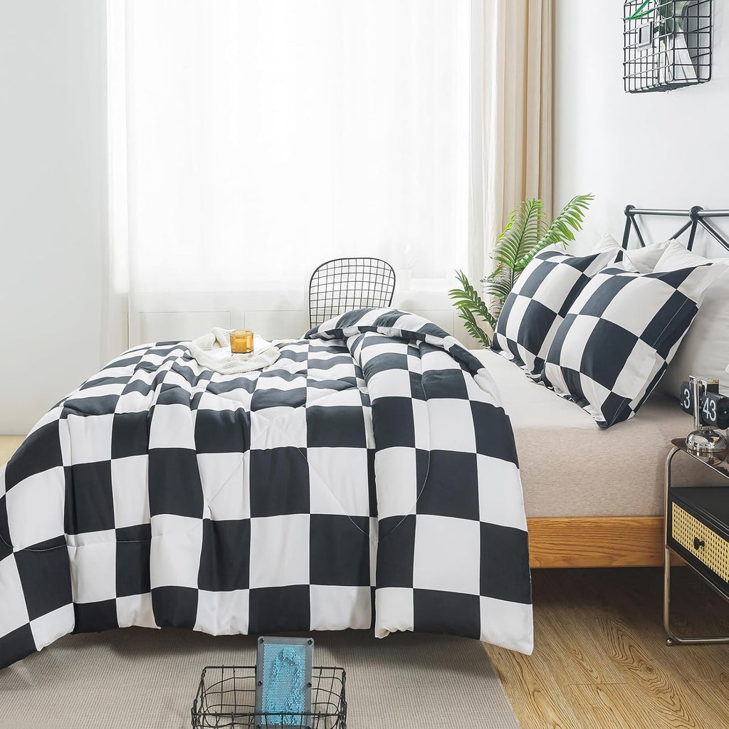 Black and White Checkered Comforter Set, Plaid Twin Checkered Boys Bedding Set for All Seasons, Farmhouse Soft