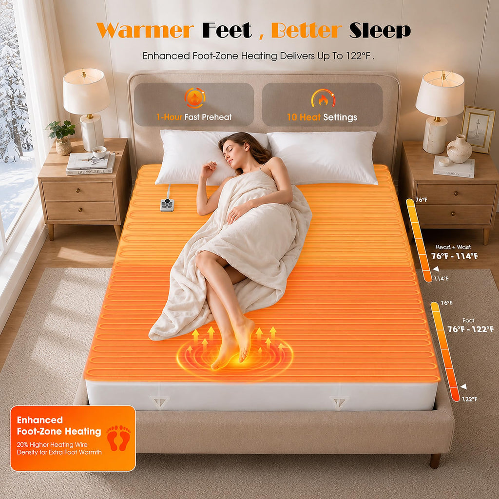 Heated Mattress Pad with Enhanced Foot Zone Heating, Electric Mattress Pad with Fast Preheat, 10 Heat Settings &