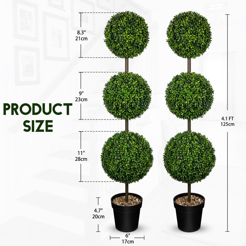 4.1FT Large Triple Ball Topiary Trees Artificial Outdoor Trees for Porch UV Resistant Pre-Potted Shrubs Boxwood