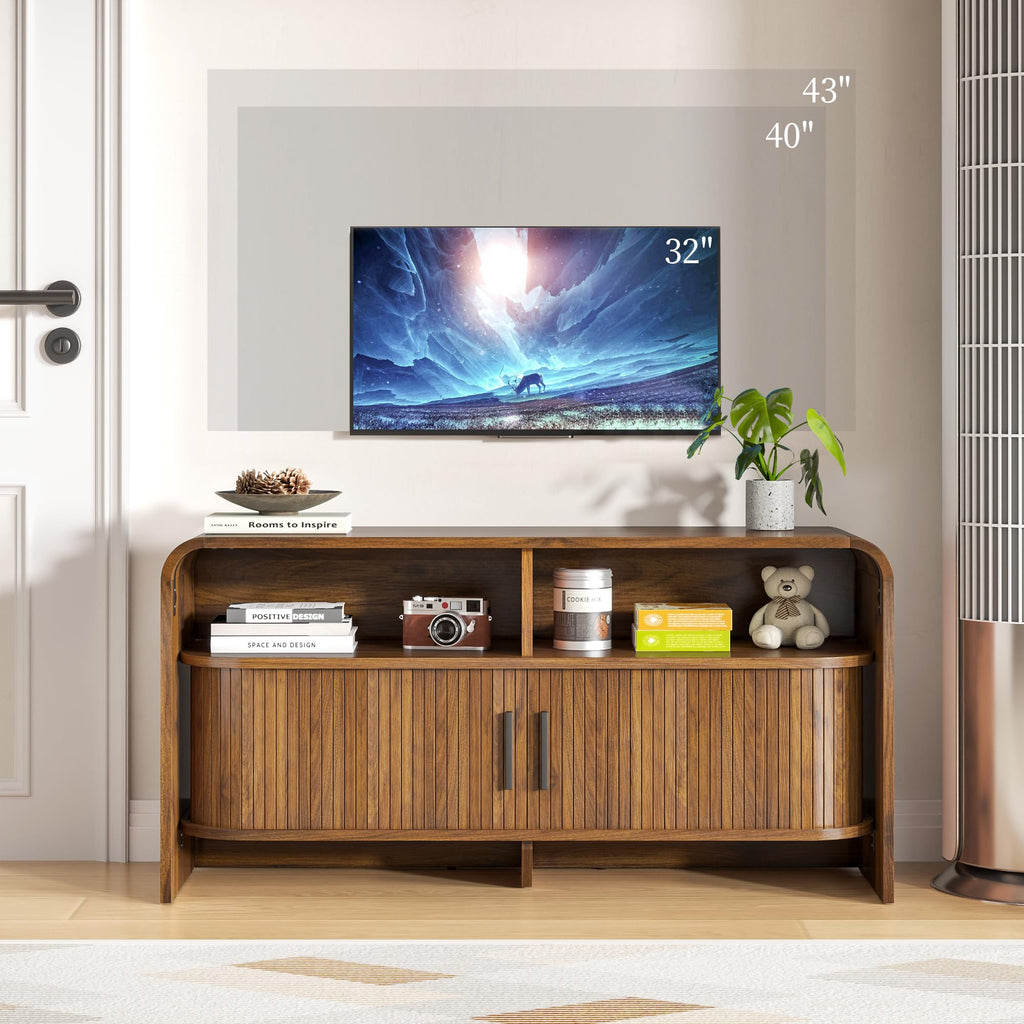 Small TV Stand, Low Fluted TV Console for 40 43 Inch, Mid Century Modern Entertainment Center with Sliding Doors