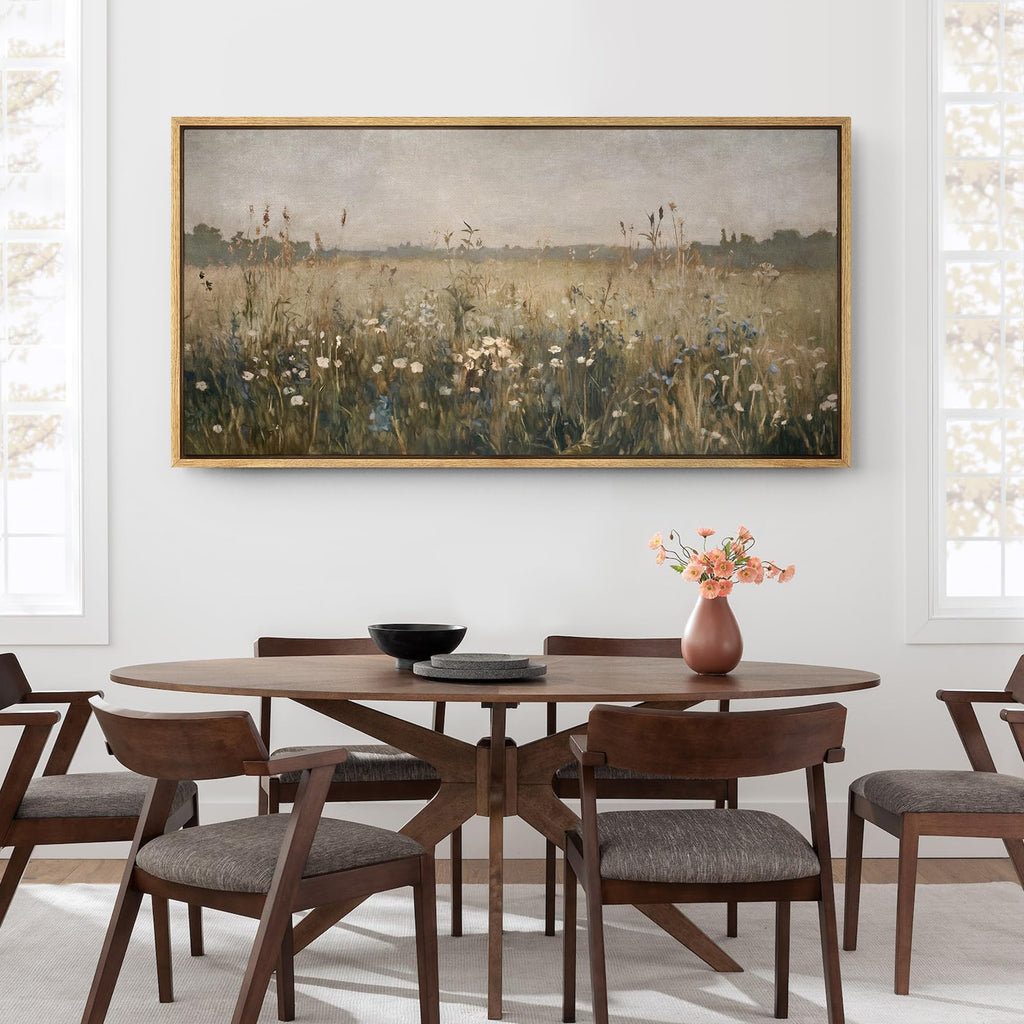 Extra Large Framed Canvas Print Wall Art Wildflower Meadow Soft Vintage Pastoral Landscape Illustrations Modern Art