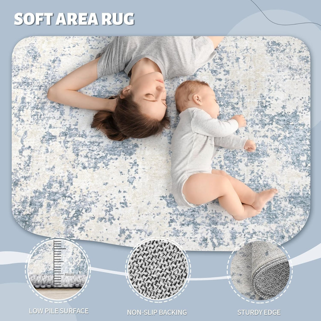 5x7 Area Rugs for Living Room: Washable Modern Abstract Area Rug Large Neutral Soft Rug Non Slip Low Pile Carpet for