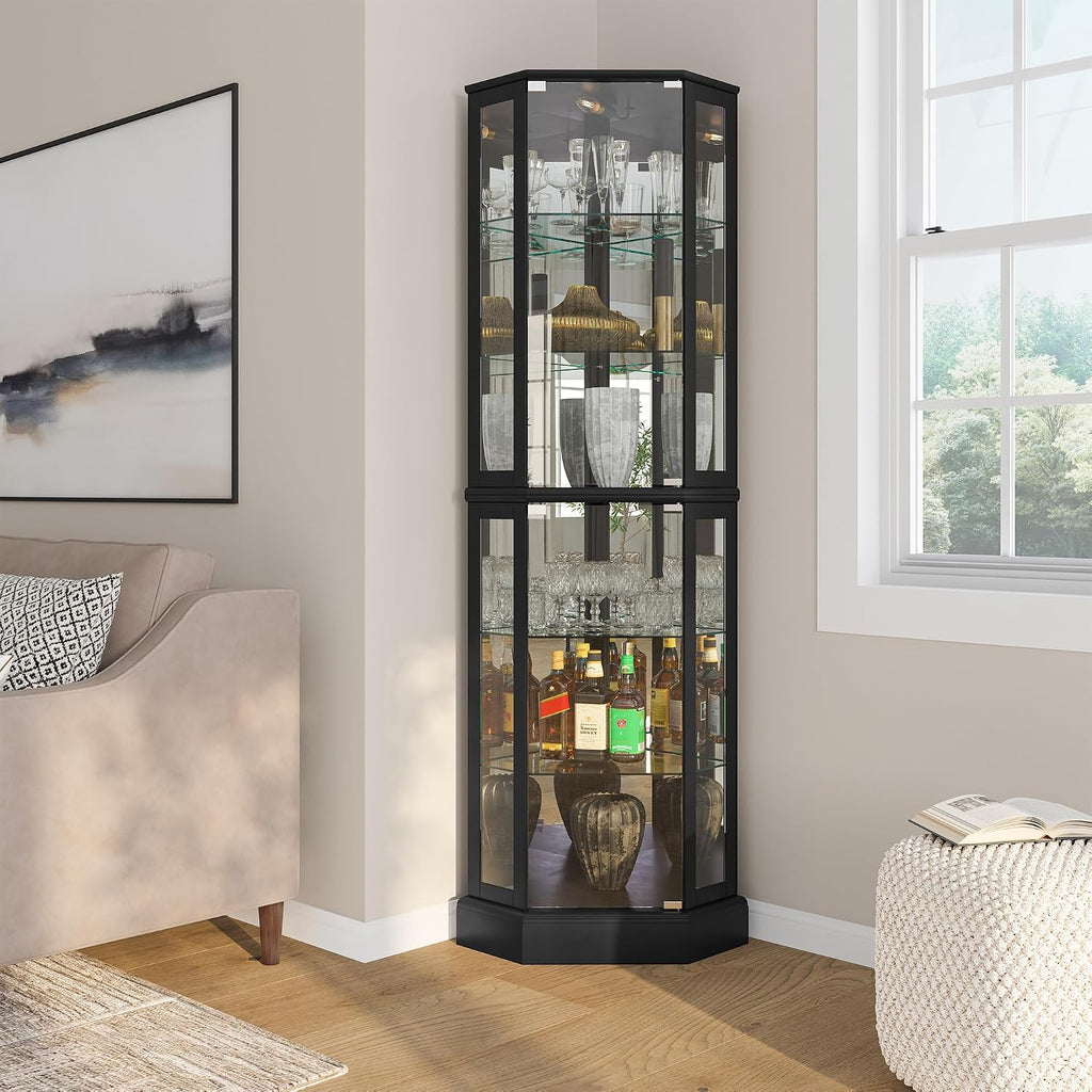 Lighted 3-Side Glass Display Curio Cabinet with Tempered Glass Doors and Shelves, Curved Wood Corner Cabinet with