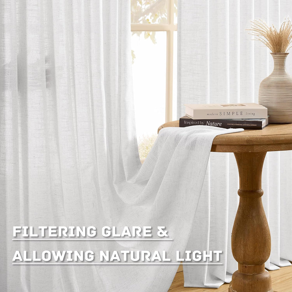White Pleated Semi Sheer Drapes 50 x 92 Inch Length, Memory Shape Linen Textured Light Filtering Boho Neutral Back