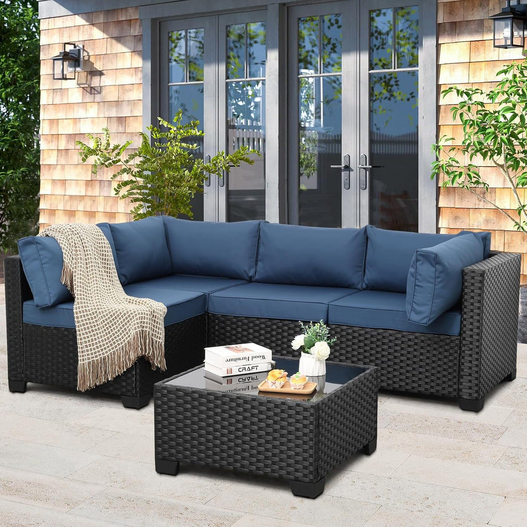 Outdoor 5 Piece Patio Furniture Set, Black Rattan Conversation Couch Resin Wicker Sectional Sofa Outside Chair with