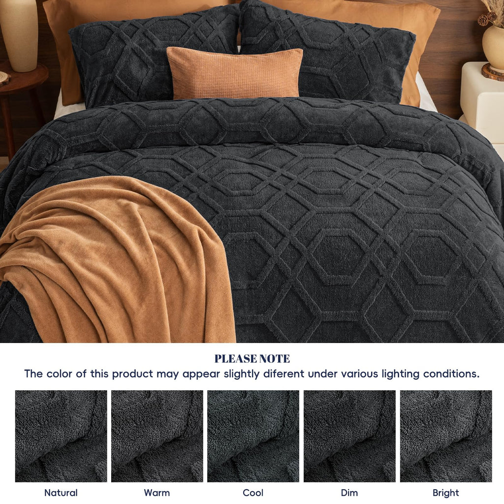 Warm Sherpa Fleece Comforter Set, 3D Tufted Fluffy Dark Grey Bedding for Winter, Soft 3 Pieces Shaggy Bed Set