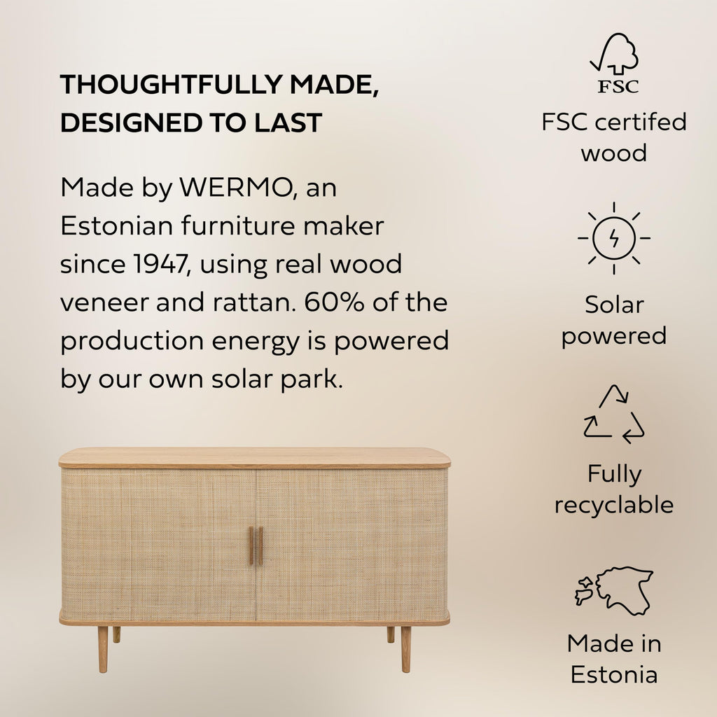 60'' Rattan Buffet Cabinet with Sliding Doors, Adjustable Shelves & Storage - Coastal Rattan Sideboard, Oak Wood
