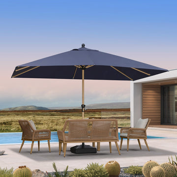 Outdoor Market Umbrella 9' x 12' Wood-Grain Finish, Navy Blue