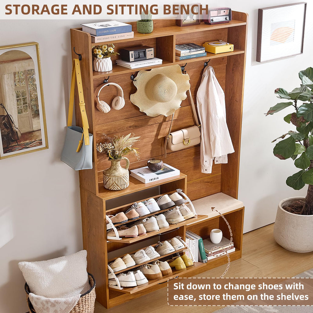 78" Tall Boho Hall Tree with Bench & Shoe Storage, 4-in-1 Mudroom Coat Rack with 2 Flip Rattan Drawers & Cushioned