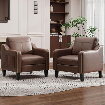 PU Leather Accent Chair, Mid-Century Modern Living Room Armchair Sofa with Removable Cushions & Stitched - Set of 2