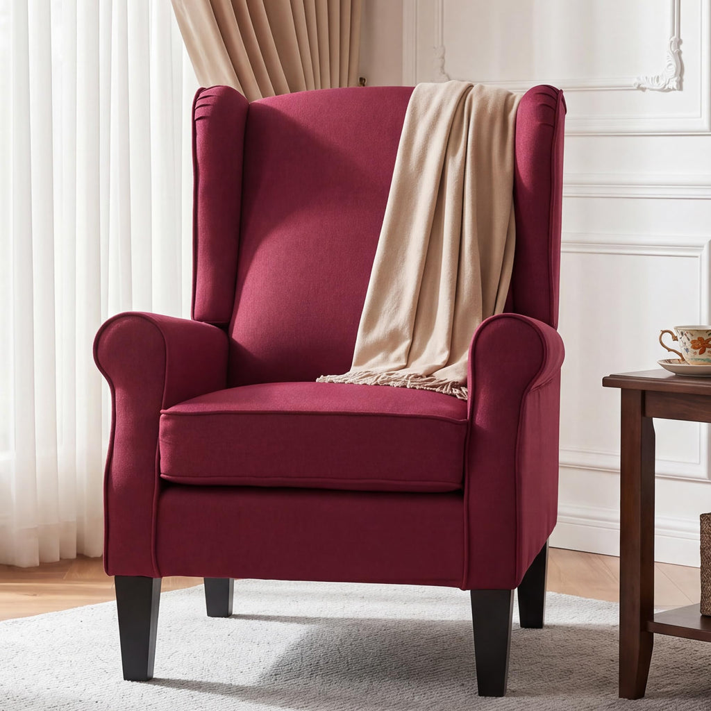 Wingback Accent Chair with Nailhead Trim, Mid Century Modern Armchair (Linen Red, Set of 2)