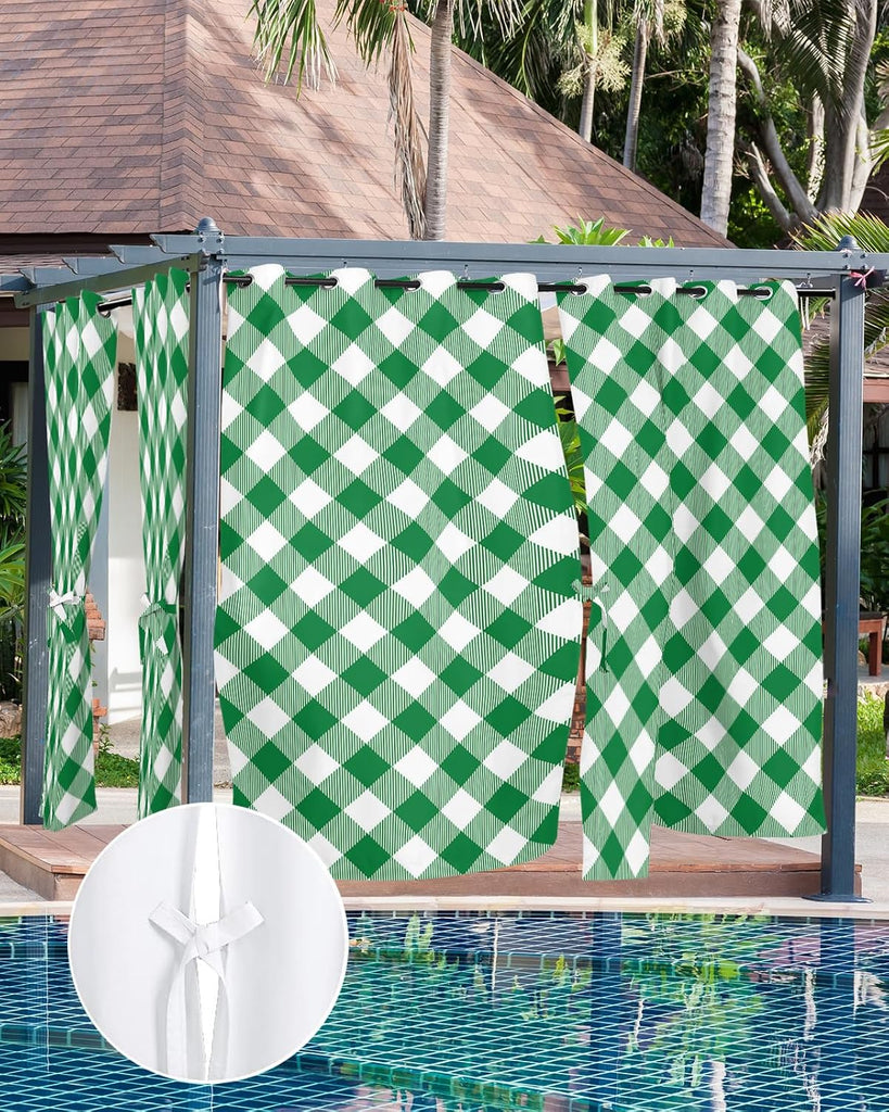 Outdoor Curtains Waterproof, Pastoral Style Deep Green Lattice Grommet Weatherproof Privacy Outsides Curtains for
