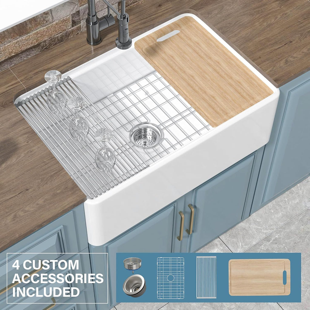 30" x 20" Apron Front Farmhouse Workstation Kitchen Sink White | , Fireclay single bowl farm style, Easy to clean