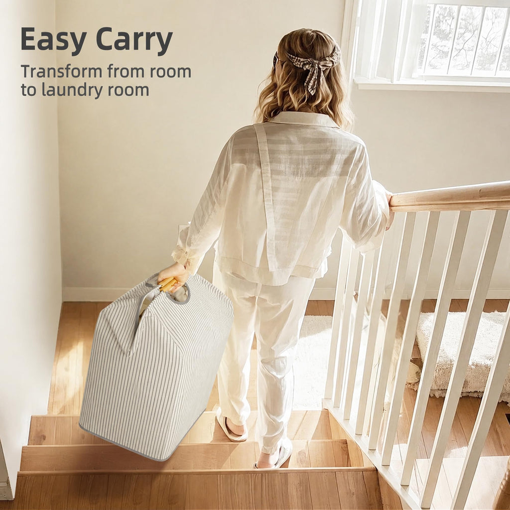 2-Pack Collapsible Laundry Hamper with Bamboo Handle, Stripe