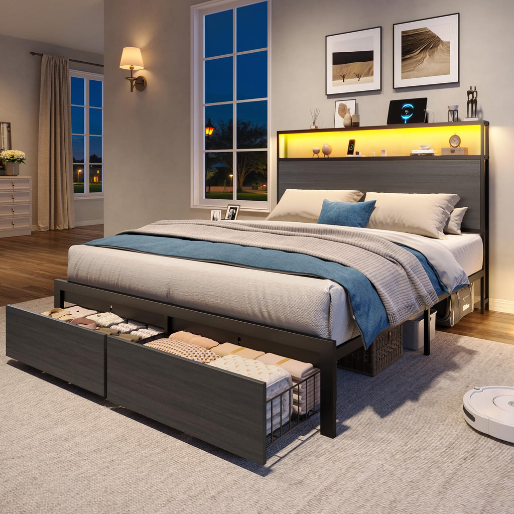 Bed Frame with 2 Drawers, LED Lights, Charging Station, Rustic Grey