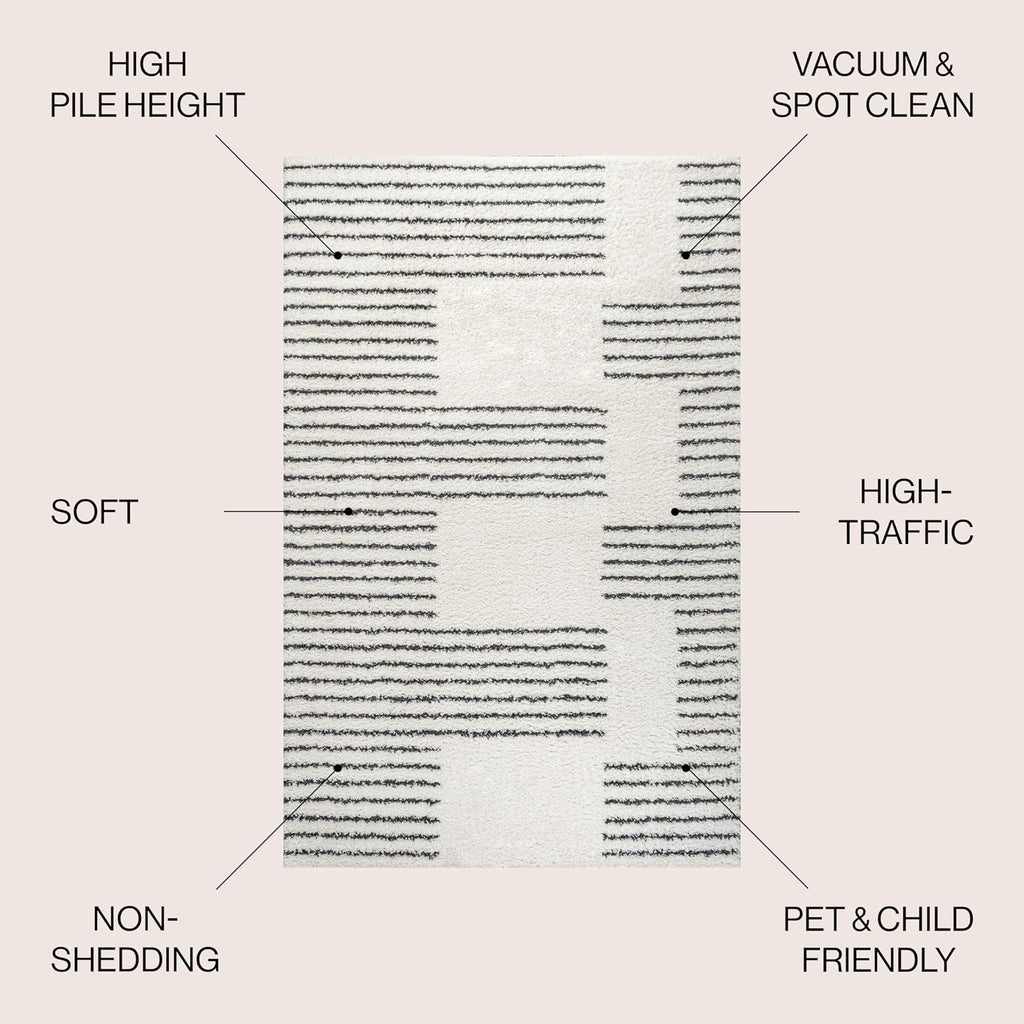 Petra Abstract Stripe Shag White/Gray Indoor Area Rug, Geometric, Bohemian, Contemporary, Easy-Cleaning, Pet
