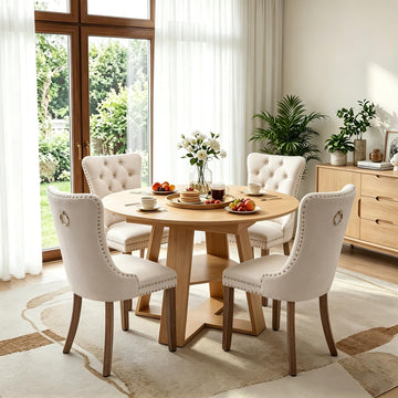 5 Piece Round Extendable Dining Table Set for 4, 43"-59" Natural Wood Oval Expanding Kitchen Table with 4 Velvet