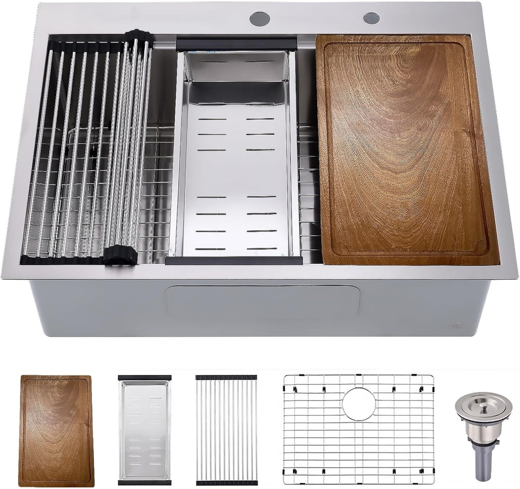 33x19 Drop Sink Workstation | Top Mount Stainless Steel 16 Gauge Handmade 10 inch Deep Single Bowl Kitchen Sink