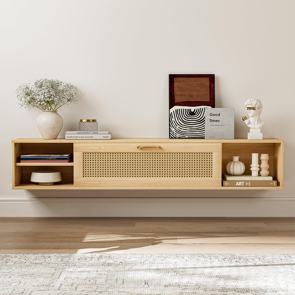 Floating TV Stand with Rattan Door and Large Storage TV Shelfs, Wood