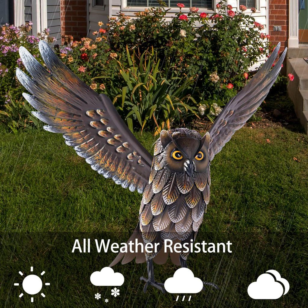 Garden Owl Sculpture & Statue, Standing Metal Bird Yard Art Sculpture Backyard Pond Outdoor Decoration