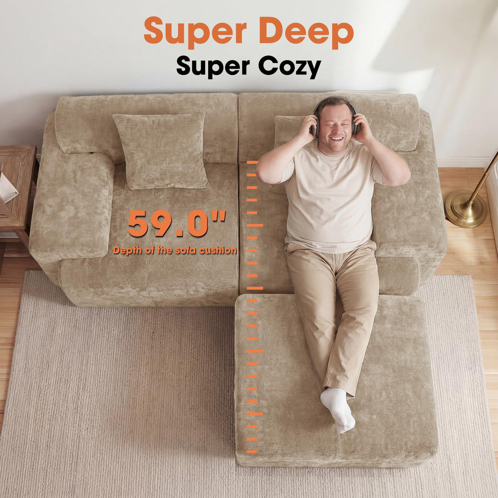 84" Modular Loveseat Couch, 60" Deep Seat Boneless Sofa with Ottoman