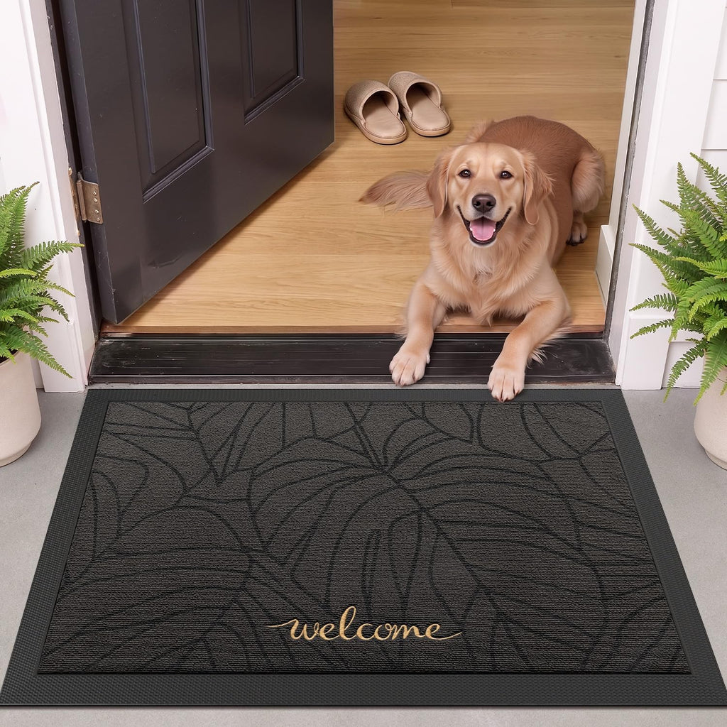 Outside Welcome Door Mat 24x36, Non-Slip Heavy Duty Dirt Trapper, Grey | Rubber Entry Doormat, Low Profile, Trap Dirt