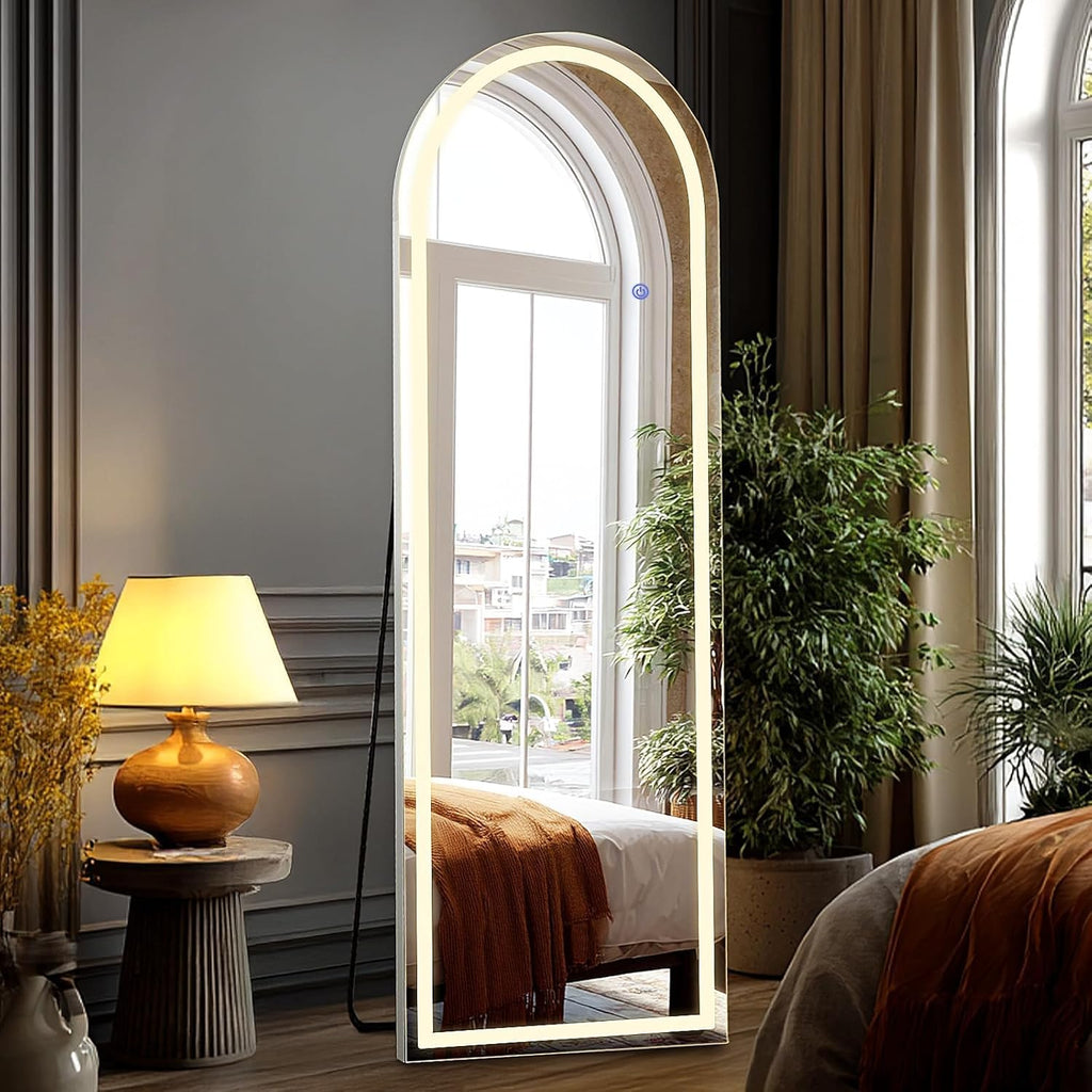 Arched LED Mirror Full Length with Stand, 16"×60" Full Body Wall Mirror with LED Lights 3 Color Lighting, Hanging or