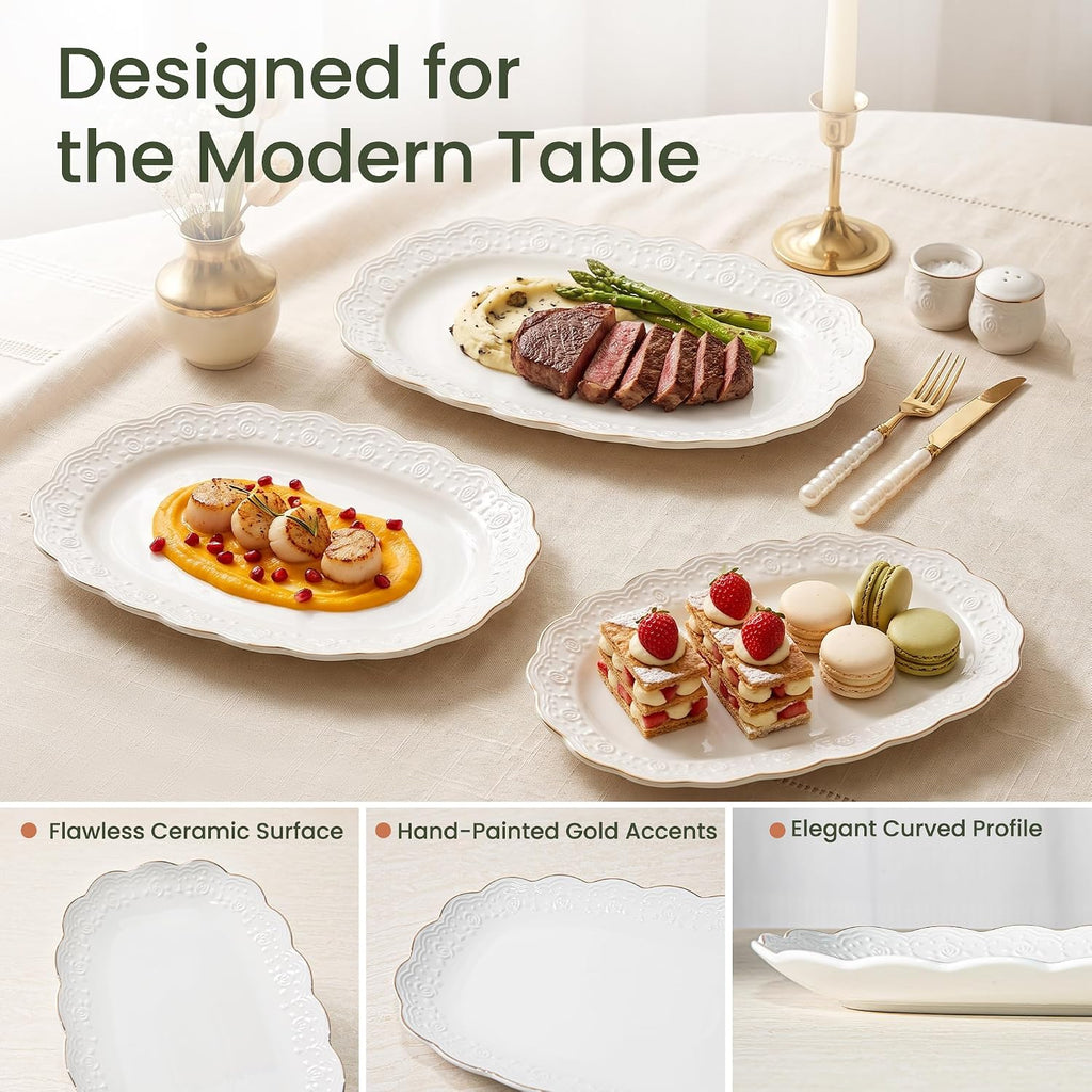 Ceramic Serving Platter Set | 14"/12"/10" Oval Serving Trays for Entertaining at Parties and Weddings | Oven Safe