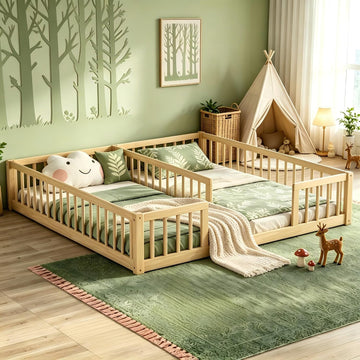 Double Floor Bed with Fence for Kid, Natural