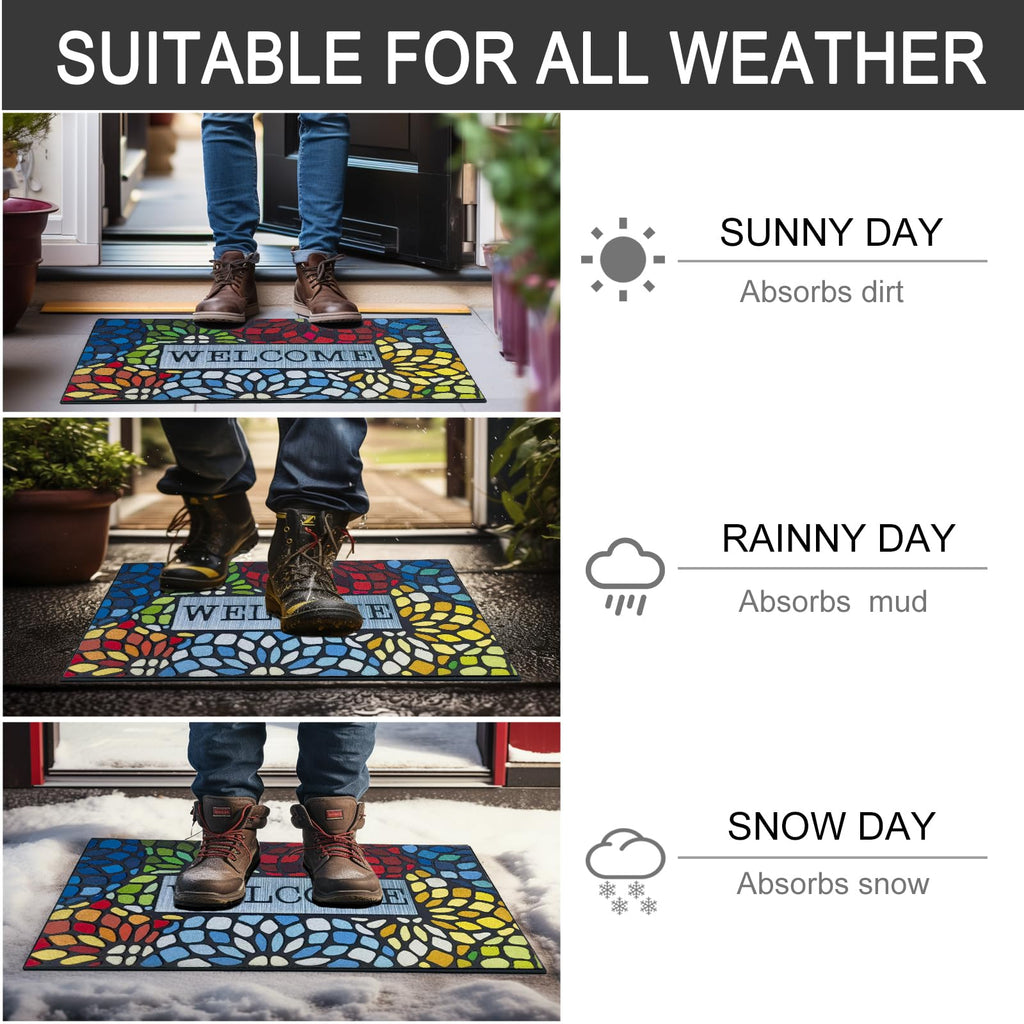 Colorful Welcome Door Mat, Welcome Mat 24x 36 Inch Front Doormat Outdoors Entrance Outdoors Mats for Outside Entry