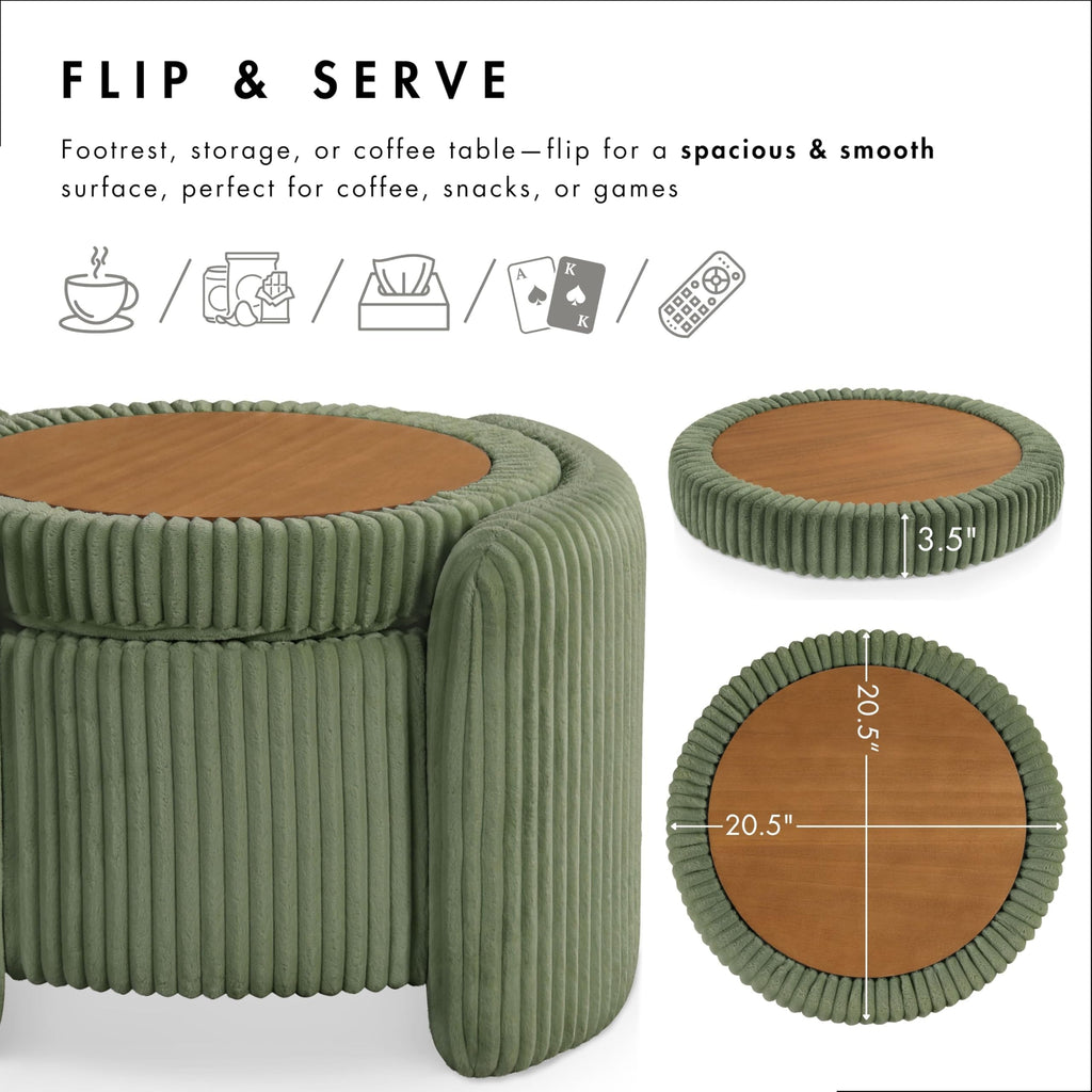 Lennox Modern Chenille 25-inch Round Storage Ottoman with Reversible Flip Top, Upholstered Footstool, Green
