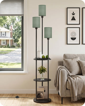 Floor Lamp with Shelves, Modern Floor Lamp with 3 Linen Shades and Foot Switch, 3-Light Standing Lamp, Study, Office