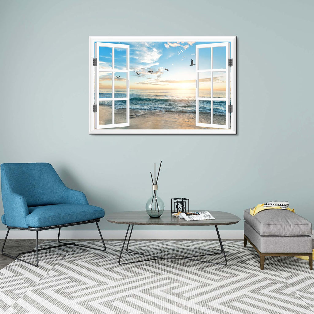 Ocean Beach Sunset Window Canvas Wall Art Seagull Seascape Paintings Coastal Picture Framed Artwork Living Room