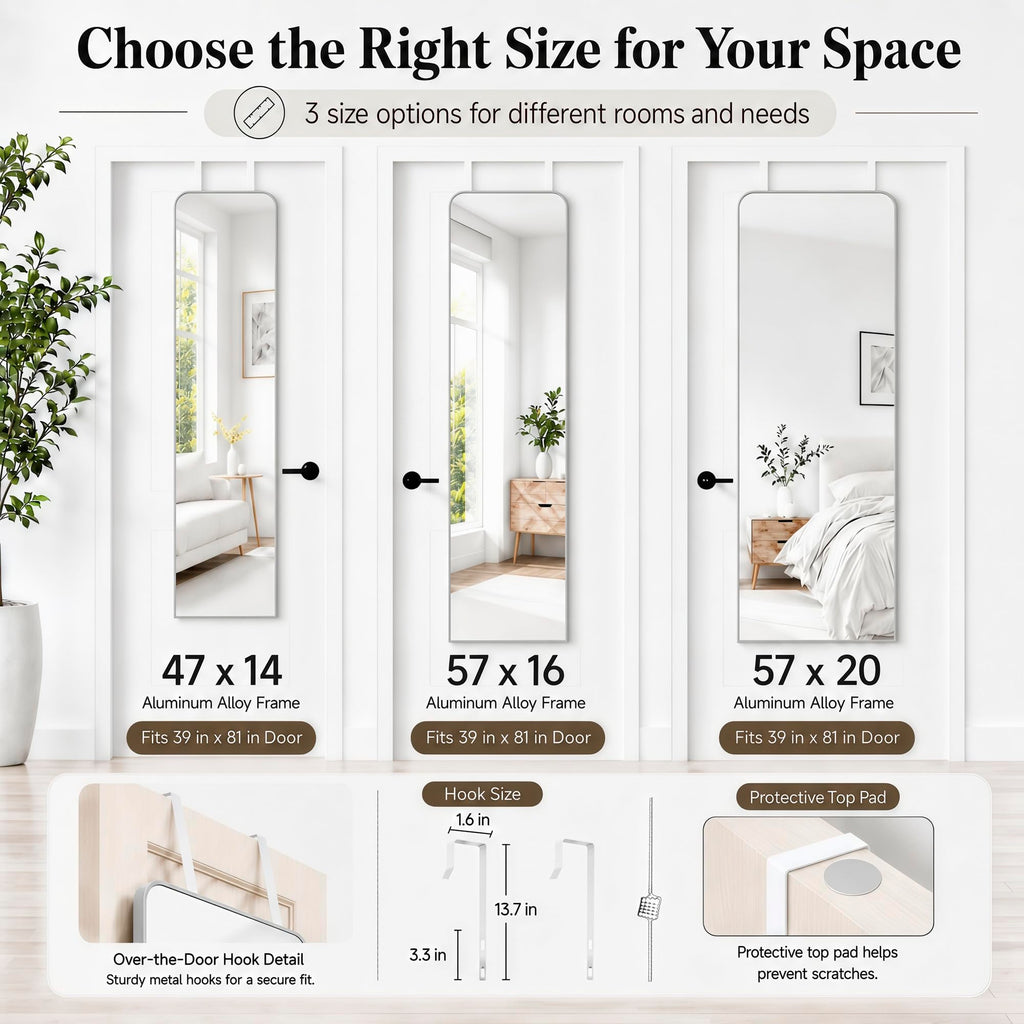 57x20" Full Length Mirror Floor Stand, Over the Door, Wall Mounted Silver