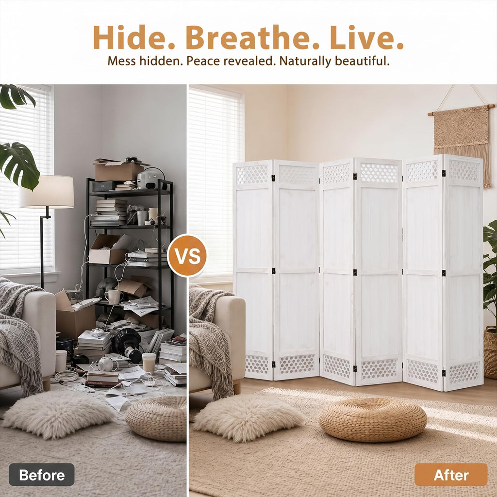 Wood Room Divider Privacy Screen, White Carved Room Divider 6 Panel 67"