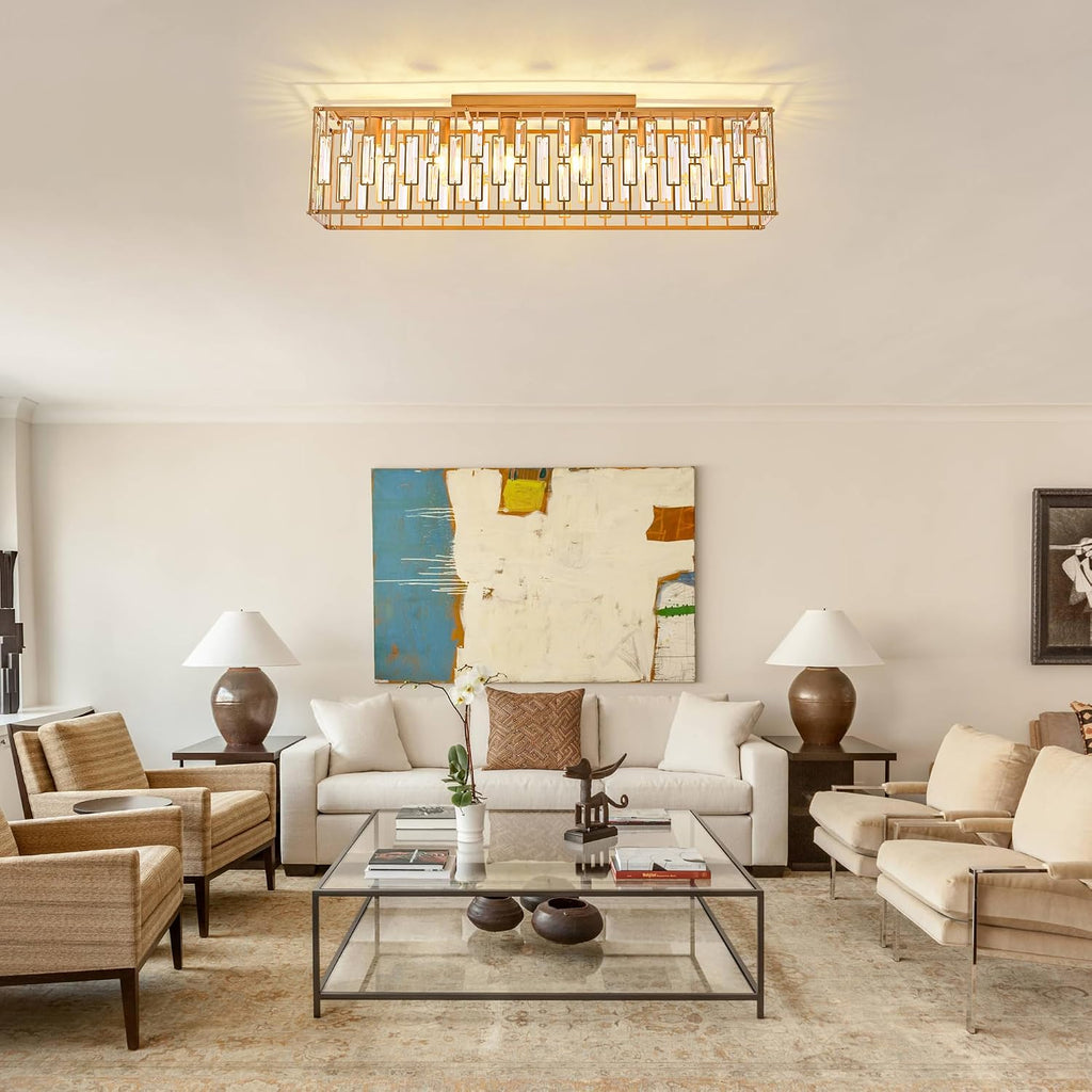38.7 inch Gold Crystal Chandelier for Living Room, 6-Light Rectangle Flush Mount Ceiling Light Modern Chandeliers for