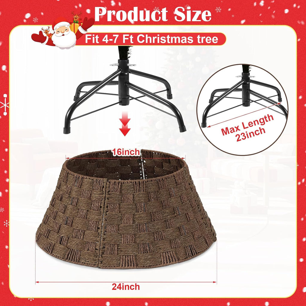 24inch Rattan Tree Collar, Brown Woven Rustic Christmas Tree Collar, Paper Rope Farmhouse Basket Tree Base Cover with