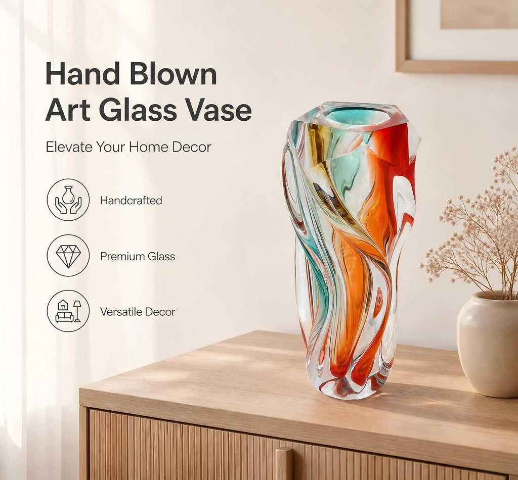 Hand Blown Twisted Multicolor Art Glass Vase, 12" Tall Luxury Swirl Crystal Vase, Decorative Centerpiece , Dining