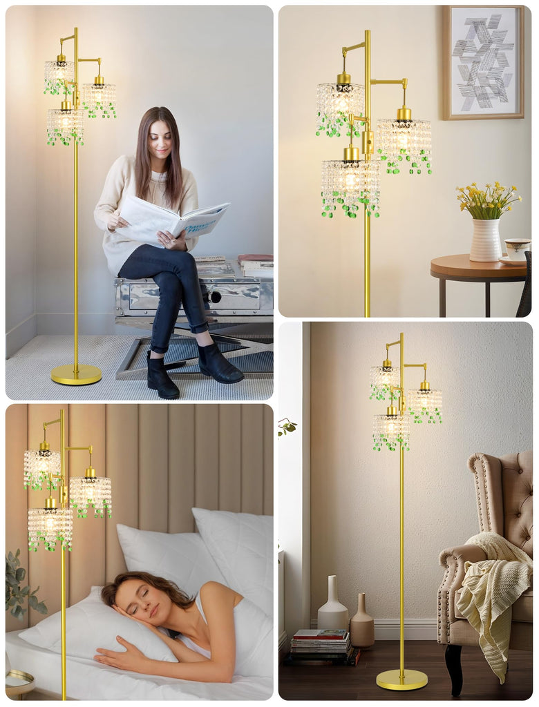 64" Crystal Floor Lamp with 3 Lights, Elegant Crystal Floor Lamp, Modern Standing Lamp, Gold Metal Base, K9 Crystal