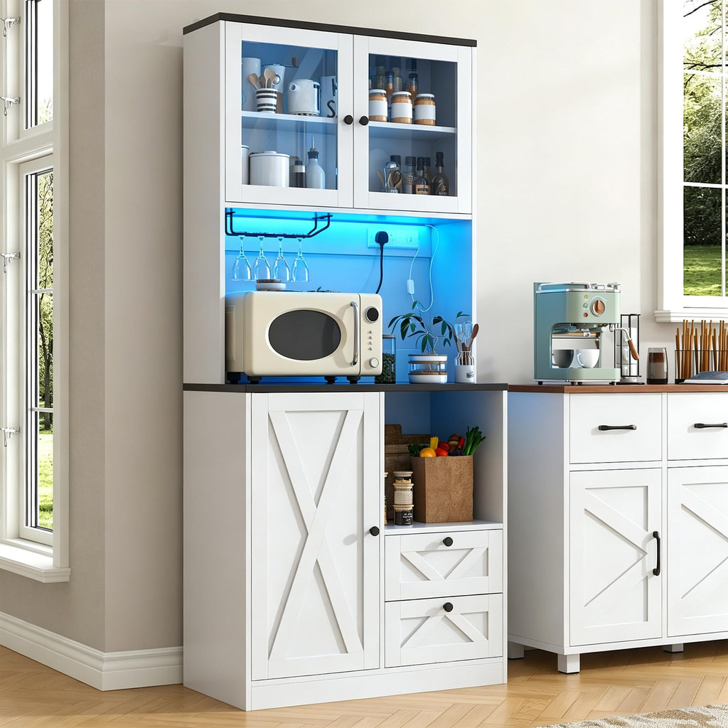 71" Tall Coffee Bar Cabinet with Storage Hutch, Farmhouse Kitchen Pantry Cabinet with LED Lights Microwave Stand and