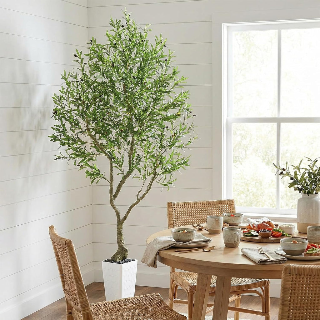 Olive Trees Artificial Indoor 8FT Tall Faux Olive Plants Silk Plant with White Planter, Artificial Plants Home Office