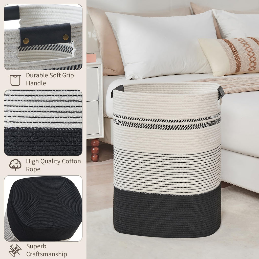 Laundry Hamper - Large Laundry Basket with Leather Handles, Decorative Storage Basket for Blankets - Clothes Hamper